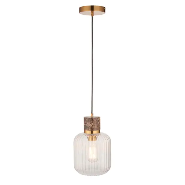 Travi Dark Brown Emperador Marble Pendant C/W Ribbed Glass