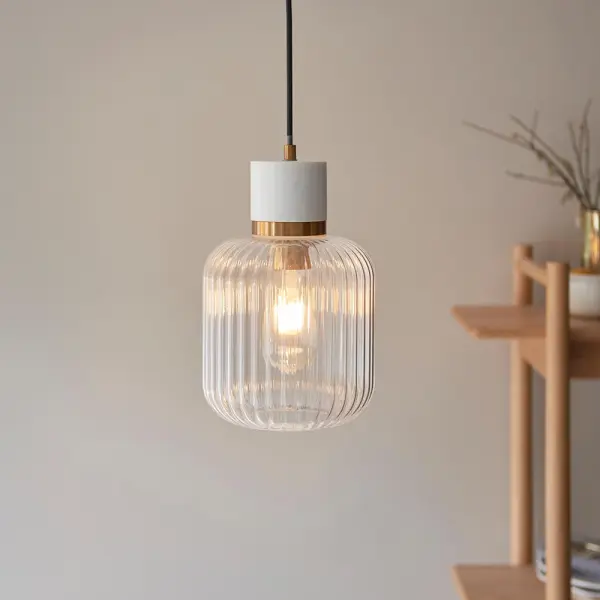 Travi White Volaskas Marble Pendant C/W Ribbed Glass