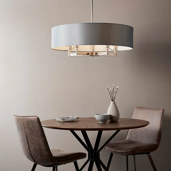 Grande 5 Light Nickel Pendant C/W Grey Drum Shade