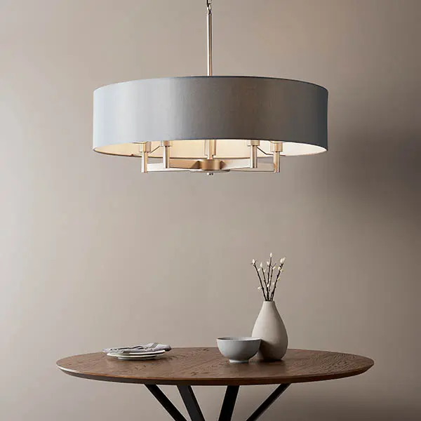 Grande 5 Light Nickel Pendant C/W Grey Drum Shade