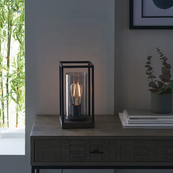 Caleb Bronze Patina Framed Table Lamp with Grey Glass