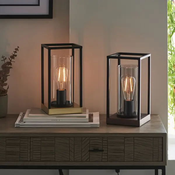 Caleb Bronze Patina Framed Table Lamp with Grey Glass