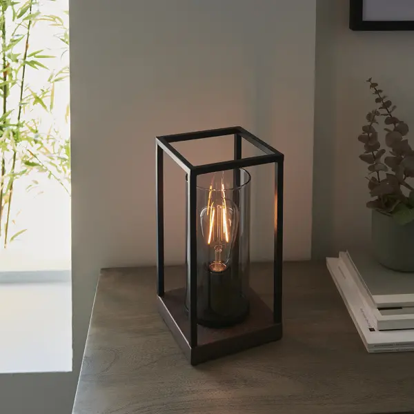 Caleb Bronze Patina Framed Table Lamp with Grey Glass