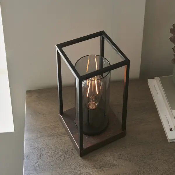 Caleb Bronze Patina Framed Table Lamp with Grey Glass