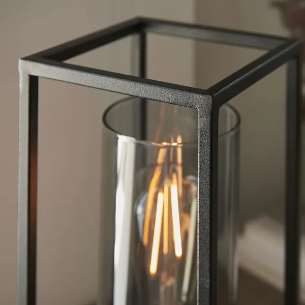 Caleb Bronze Patina Framed Table Lamp with Grey Glass