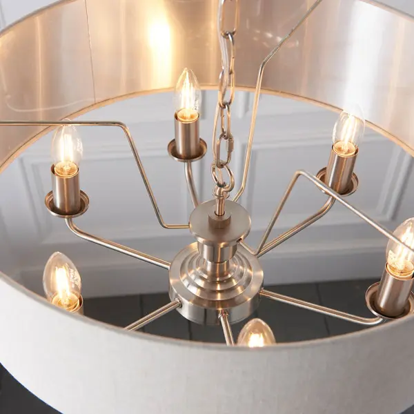 Highclere 6 Light Drum Pendant in Brushed Chrome C/W Natural Shade