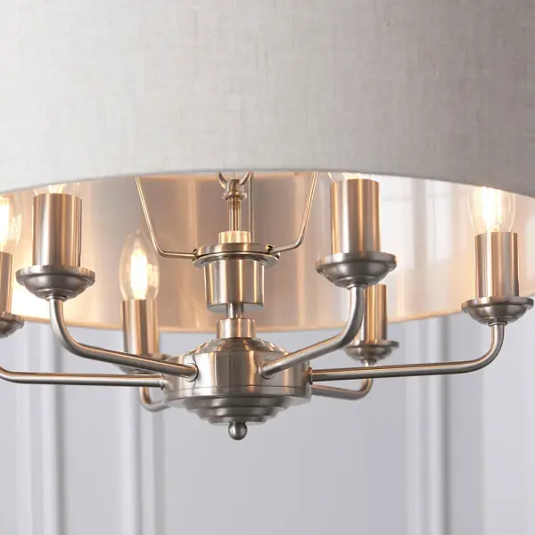 Highclere 6 Light Drum Pendant in Brushed Chrome C/W Natural Shade