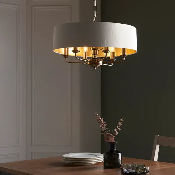 Highclere 6 Light Drum Pendant in Antique Brass C/W White Shade