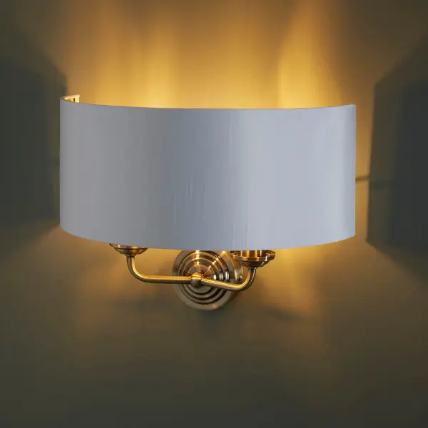Highclere Double Wall Light in Antique Brass C/W White Shade