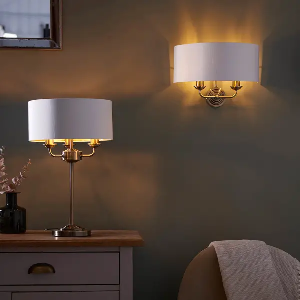 Highclere Double Wall Light in Antique Brass C/W White Shade
