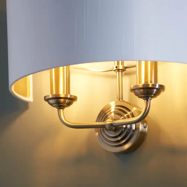 Highclere Double Wall Light in Antique Brass C/W White Shade