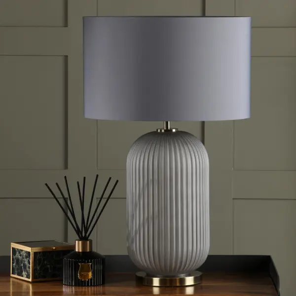 Helicon Grey Ribbed Table Lamp C/W Grey Shade