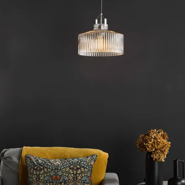 Lenka Satin Nickel & Ribbed Glass Pendant