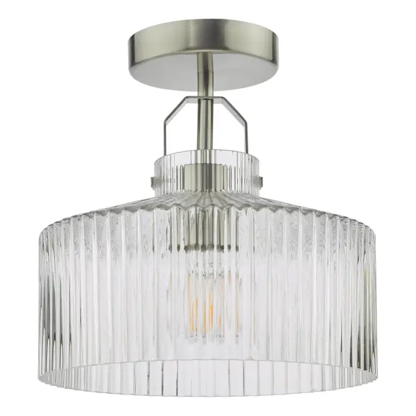 Lenka Satin Nickel Semi Flush Fitting with Ribbed Glass