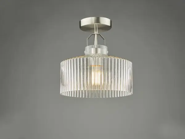 Lenka Satin Nickel Semi Flush Fitting with Ribbed Glass