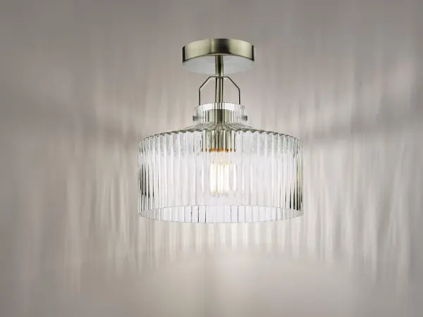 Lenka Satin Nickel Semi Flush Fitting with Ribbed Glass