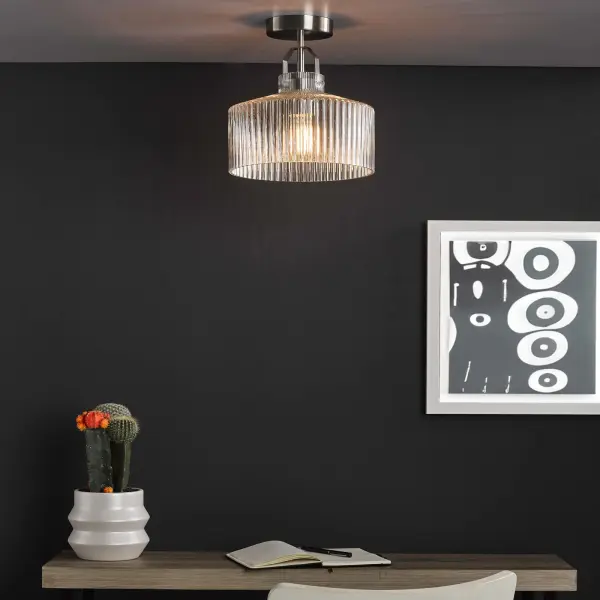 Lenka Satin Nickel Semi Flush Fitting with Ribbed Glass