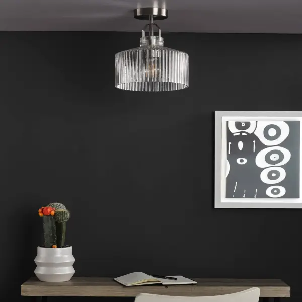 Lenka Satin Nickel Semi Flush Fitting with Ribbed Glass