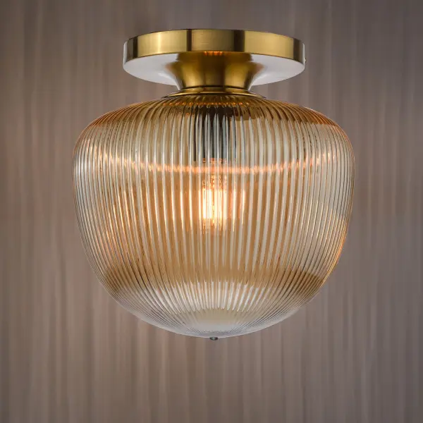 Abrielle Semi Flush Light in Bronze C/W Amber Ribbed Glass