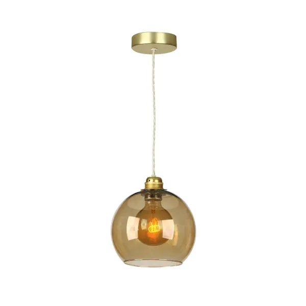 Apollo Single Butter Brass Pendant with Amber Glass Shade