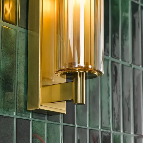 Bevin Natural Brass & Amber Glass Bathroom Wall Light