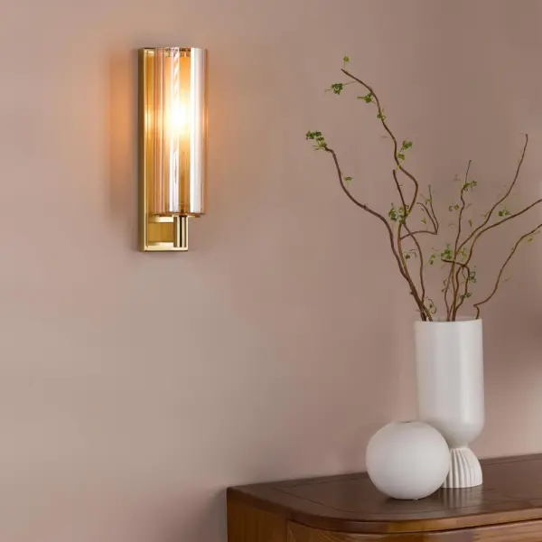 Bevin Natural Brass & Amber Glass Bathroom Wall Light