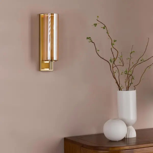 Bevin Natural Brass & Amber Glass Bathroom Wall Light