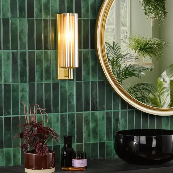 Bevin Natural Brass & Amber Glass Bathroom Wall Light