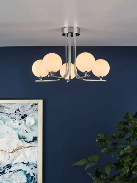 Cradle 5 Light Polished Chrome Semi Flush with Opal Glass