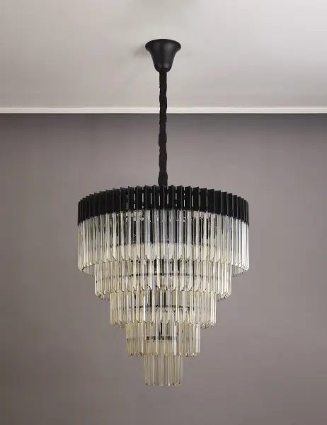 Donard Matt Black 19 Light Tiered Chandelier with Cognac Glass