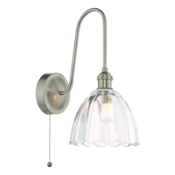 Hadano Antique Chrome Curved Arm Wall Light with Scalloped Bell Glass Shade