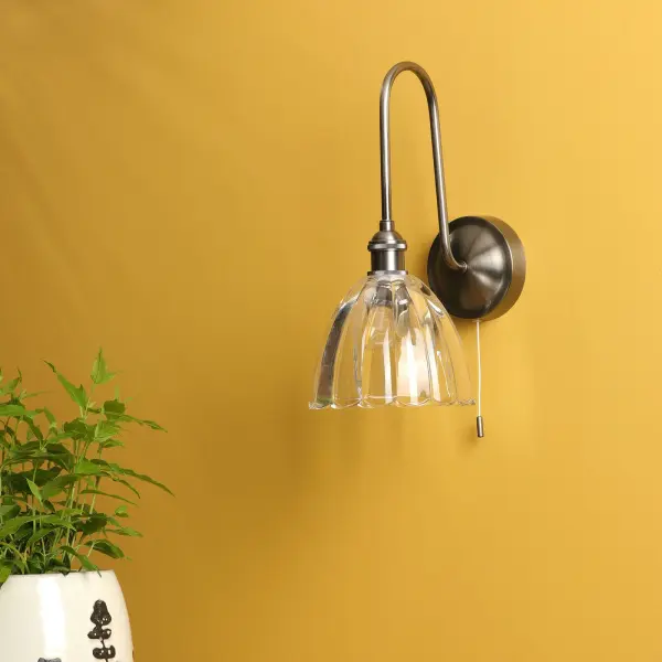 Hadano Antique Chrome Curved Arm Wall Light with Scalloped Bell Glass Shade