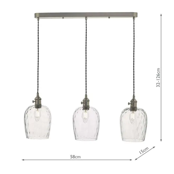 Hadano 3 Light Suspension in Antique Chrome With Dimpled Glass Shades