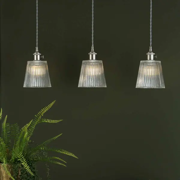 Hadano 3 Light Suspension in Antique Chrome With Ribbed Glass Shades