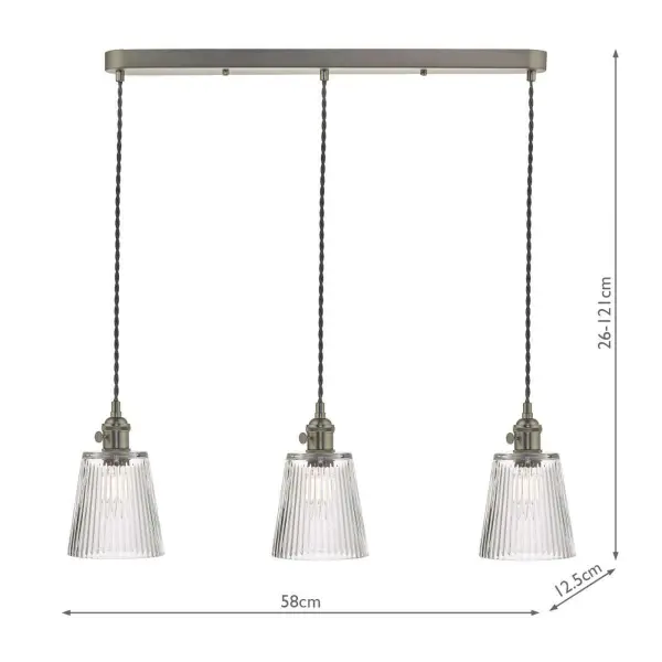 Hadano 3 Light Suspension in Antique Chrome With Ribbed Glass Shades