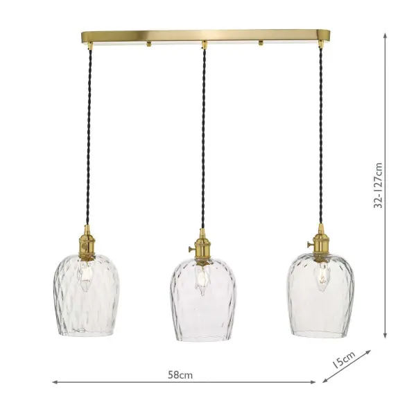 Hadano 3 Light Suspension in Natural Brass With Dimpled Glass Shades