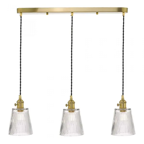 Hadano 3 Light Suspension in Natural Brass With Ribbed Glass Shades
