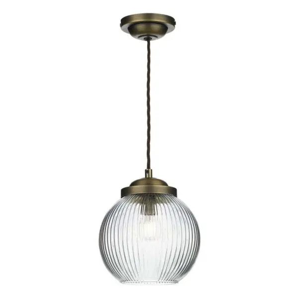 Henley Pendant Bowl Shaped Reeded Glass Antique Brass