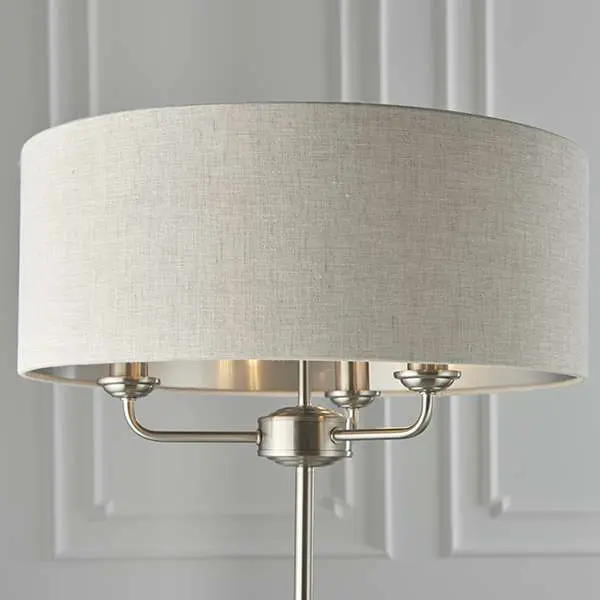 Highclere 3 Light Floor Lamp in Brushed Chrome C/W Natural Shade