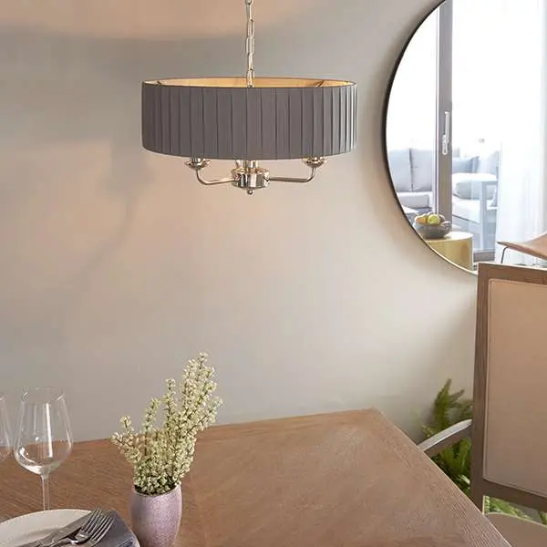 Highclere 3 Light in Bright Nickel C/W Wrapped Charcoal Silk Shade