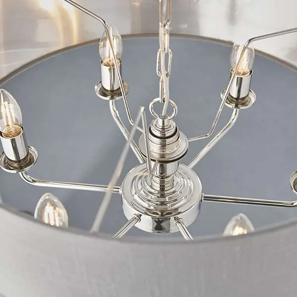 Highclere 6 Light Drum Pendant in Bright Nickel C/W Charcoal Shade