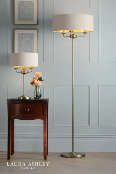Sorrento 3 Light Antique Brass Floor Lamp With Natural Shade
