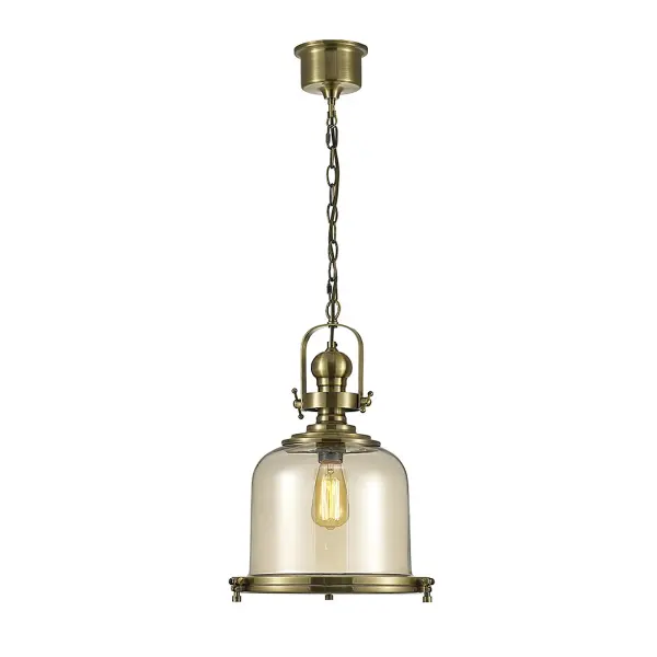 Riley Medium Bell Pendant in Antique Brass & Cognac Glass