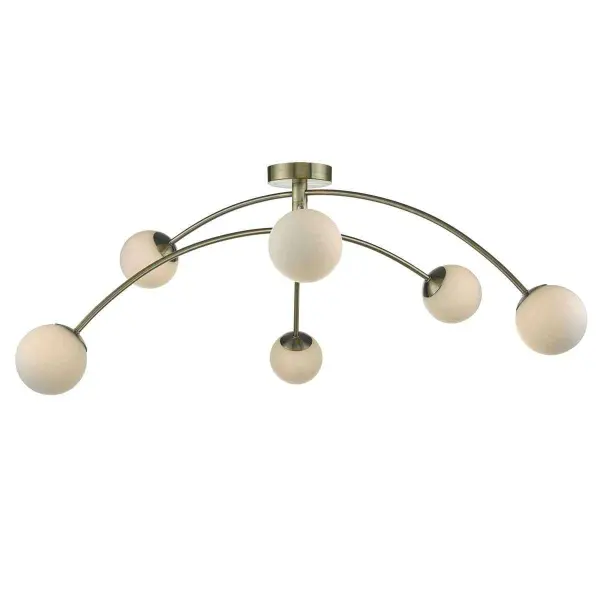 Puglia 6 Light Semi Flush in Antique Brass with Opal Shades