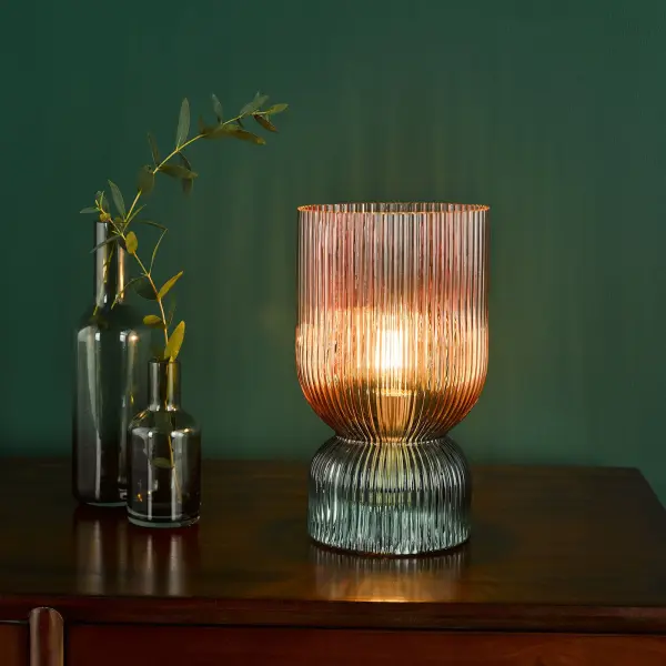 Rhubarb Pink & Green Table Lamp with Ribbed Glass