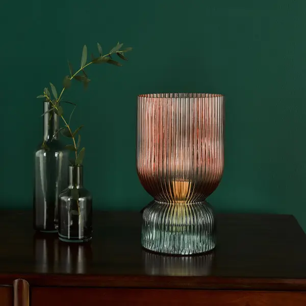 Rhubarb Pink & Green Table Lamp with Ribbed Glass