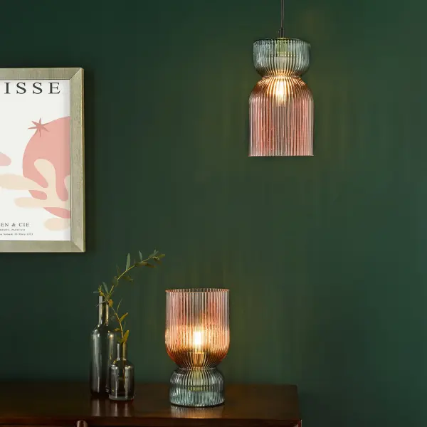Rhubarb Pink & Green Table Lamp with Ribbed Glass