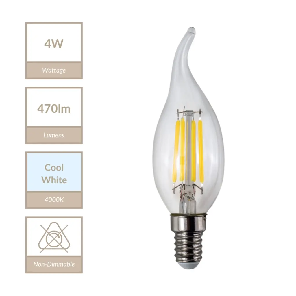 4W E14 Non Dimmable Bent Tip Candle in Cool White