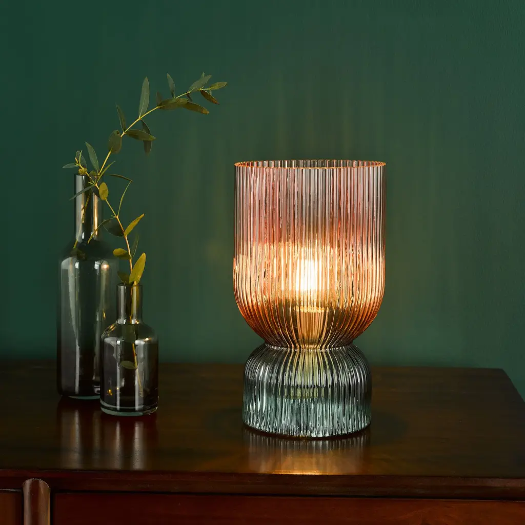 Rhubarb Pink & Green Table Lamp with Ribbed Glass