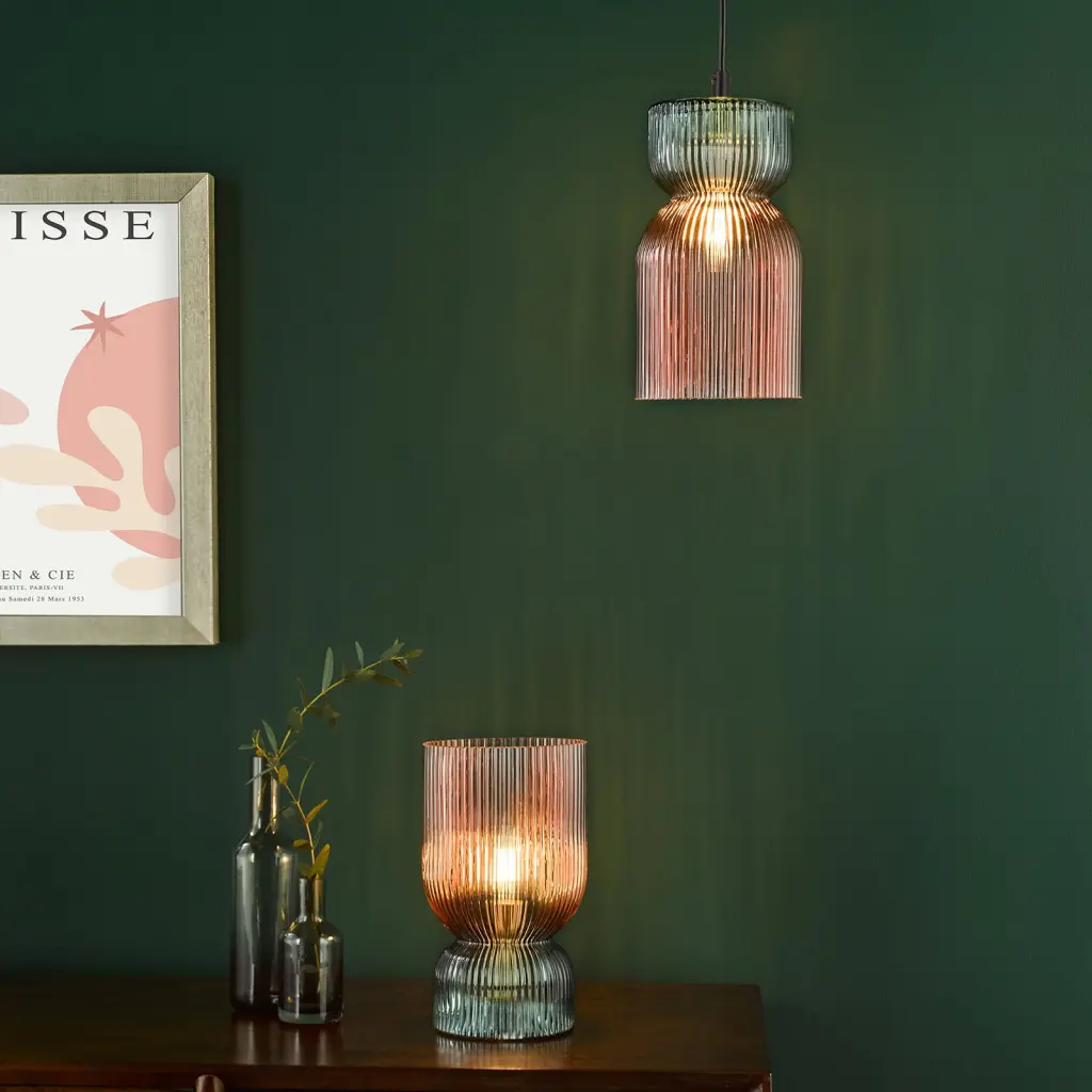 Rhubarb Pink & Green Table Lamp with Ribbed Glass